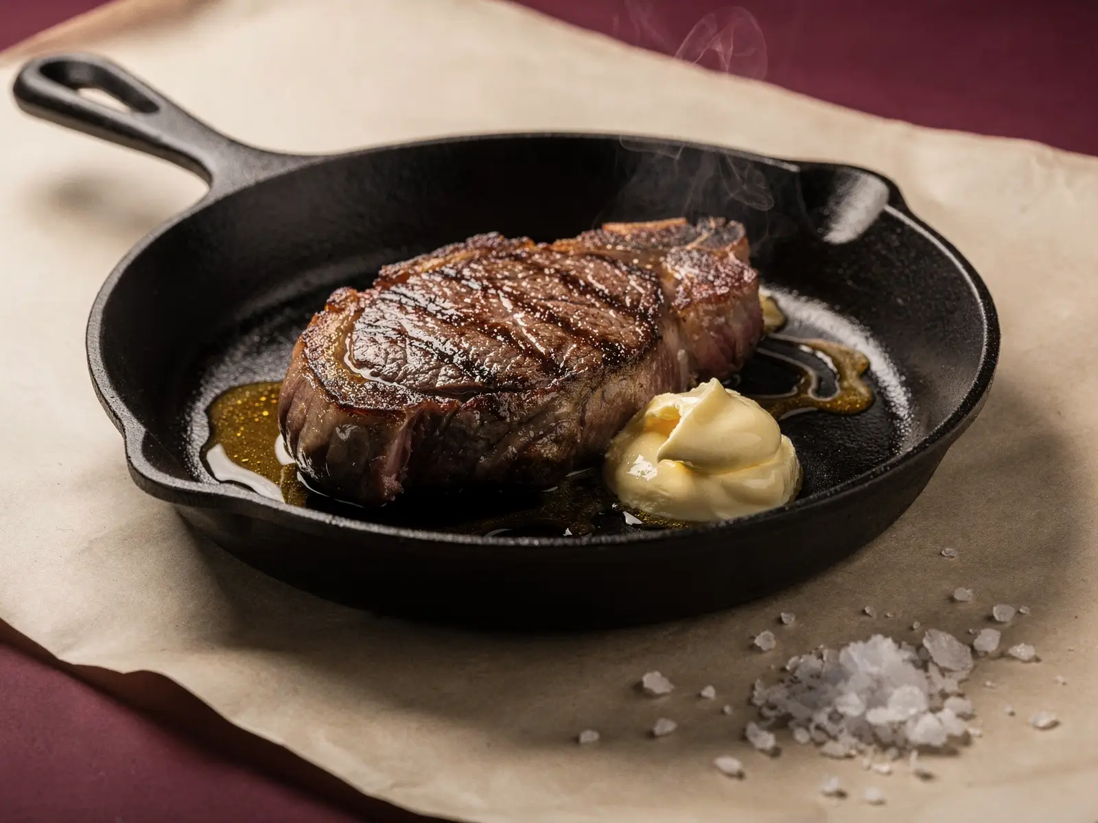 Filete de wagyu dorado en una sartén de hierro, con mantequilla fundiéndose al lado (imagen generada con IA)