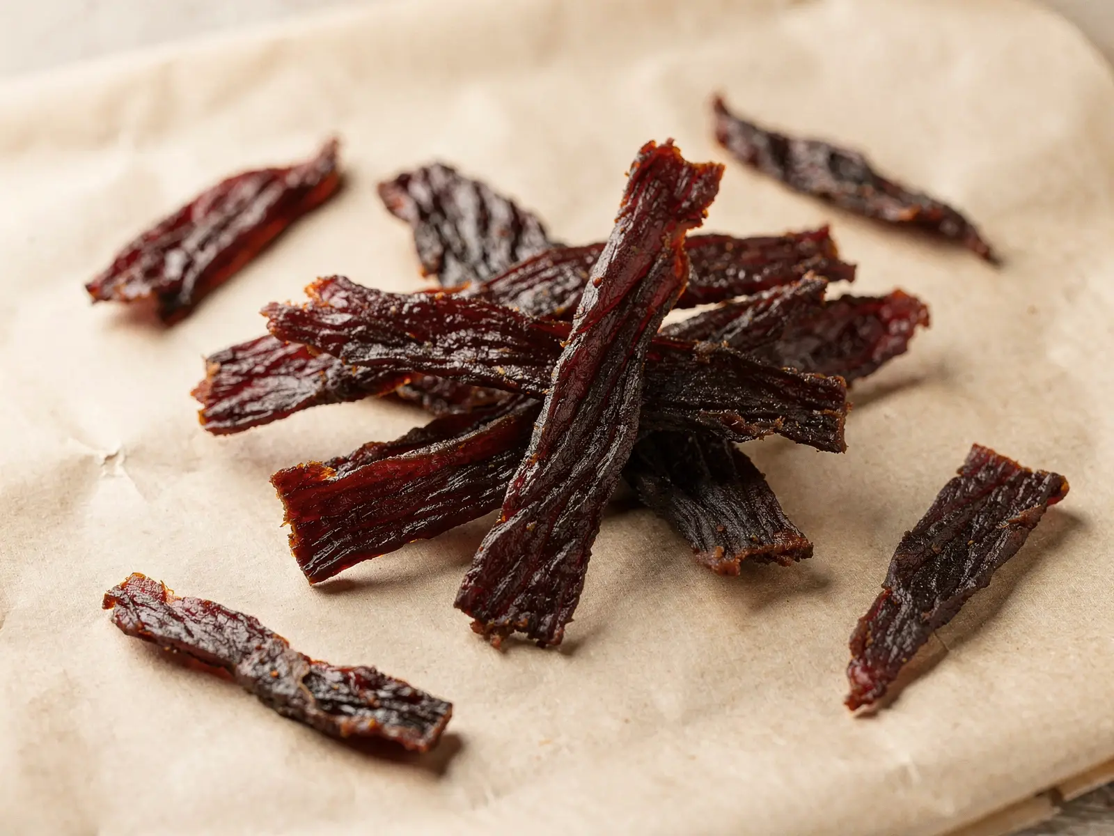 Tiras de jerky de wagyu a la americana sobre papel (imagen generada con IA)