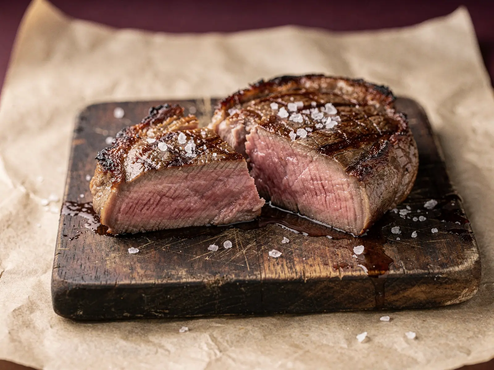 Filete de wagyu sellado y abierto por la mitad sobre una tabla, rosado por dentro (imagen generada con IA)