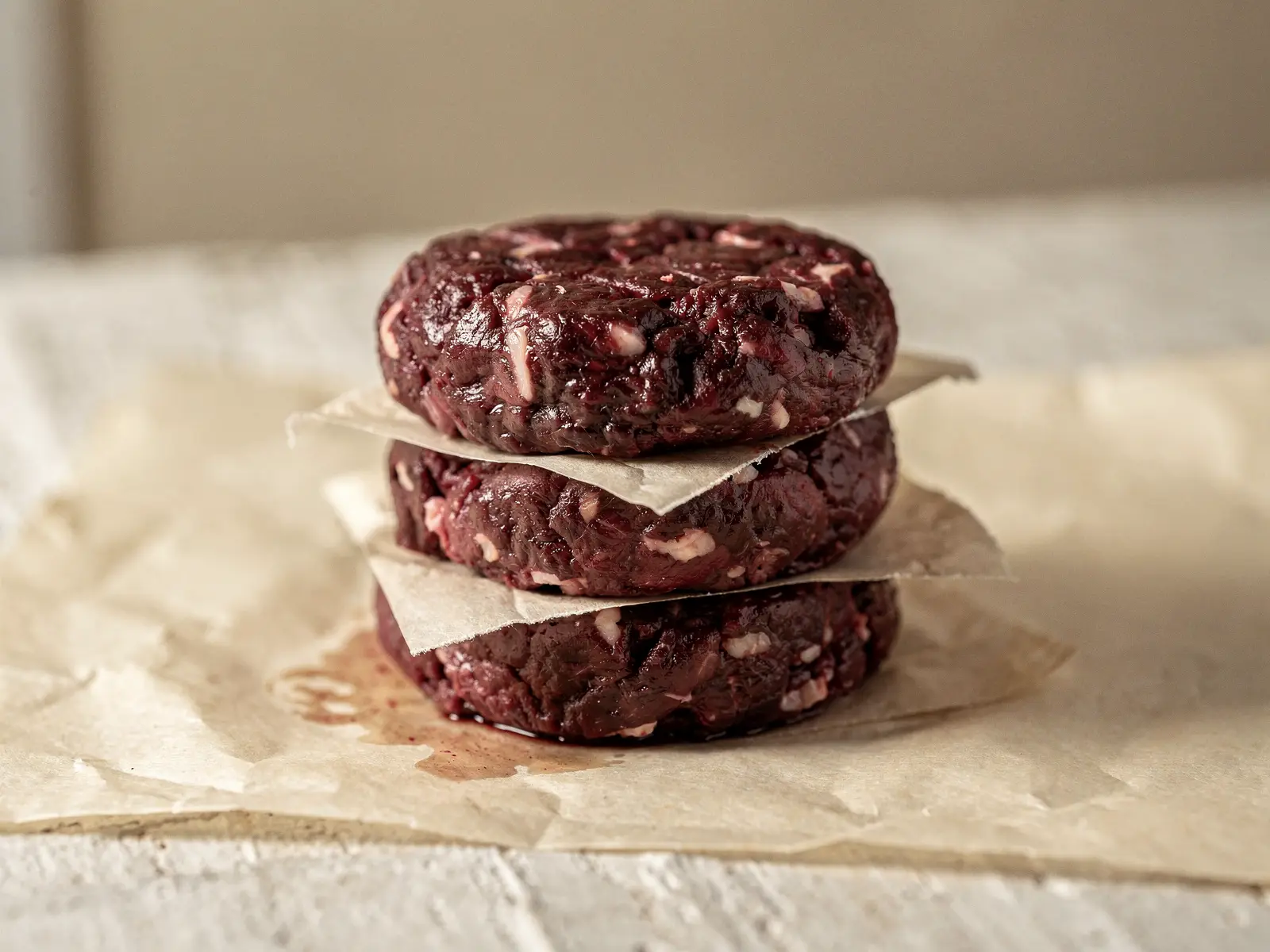 Tres hamburguesas de wagyu crudas apiladas con papel entre ellas (imagen generada con IA)