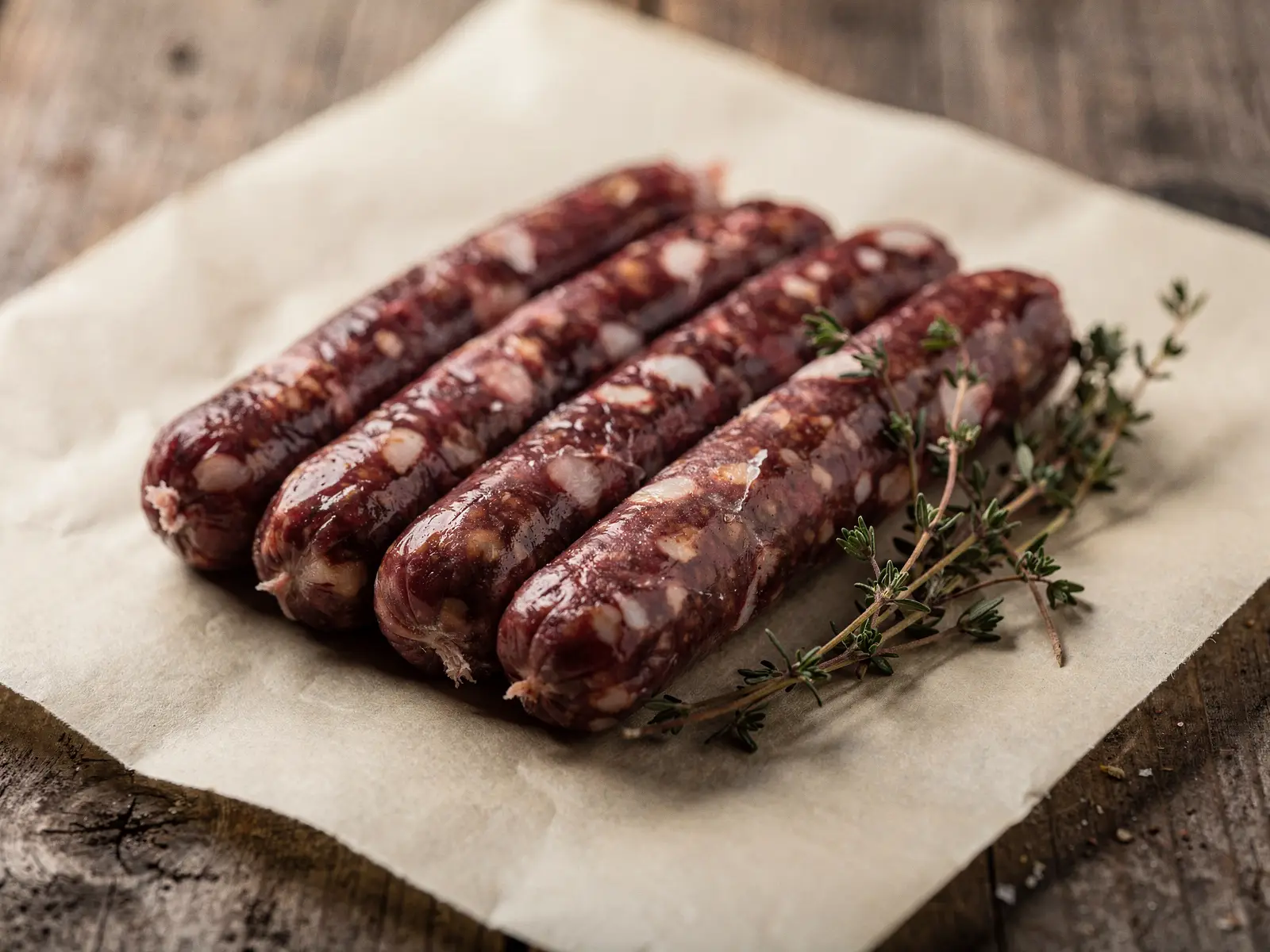 Cuatro salchichas de wagyu crudas sobre papel de carnicería, con una ramita de tomillo (imagen generada con IA)